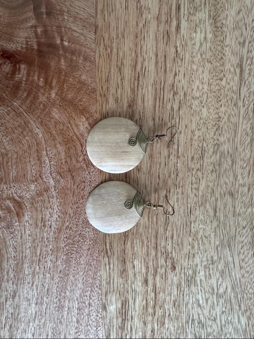 Round Light Wood Drop Earrings with Gold Wire Detail